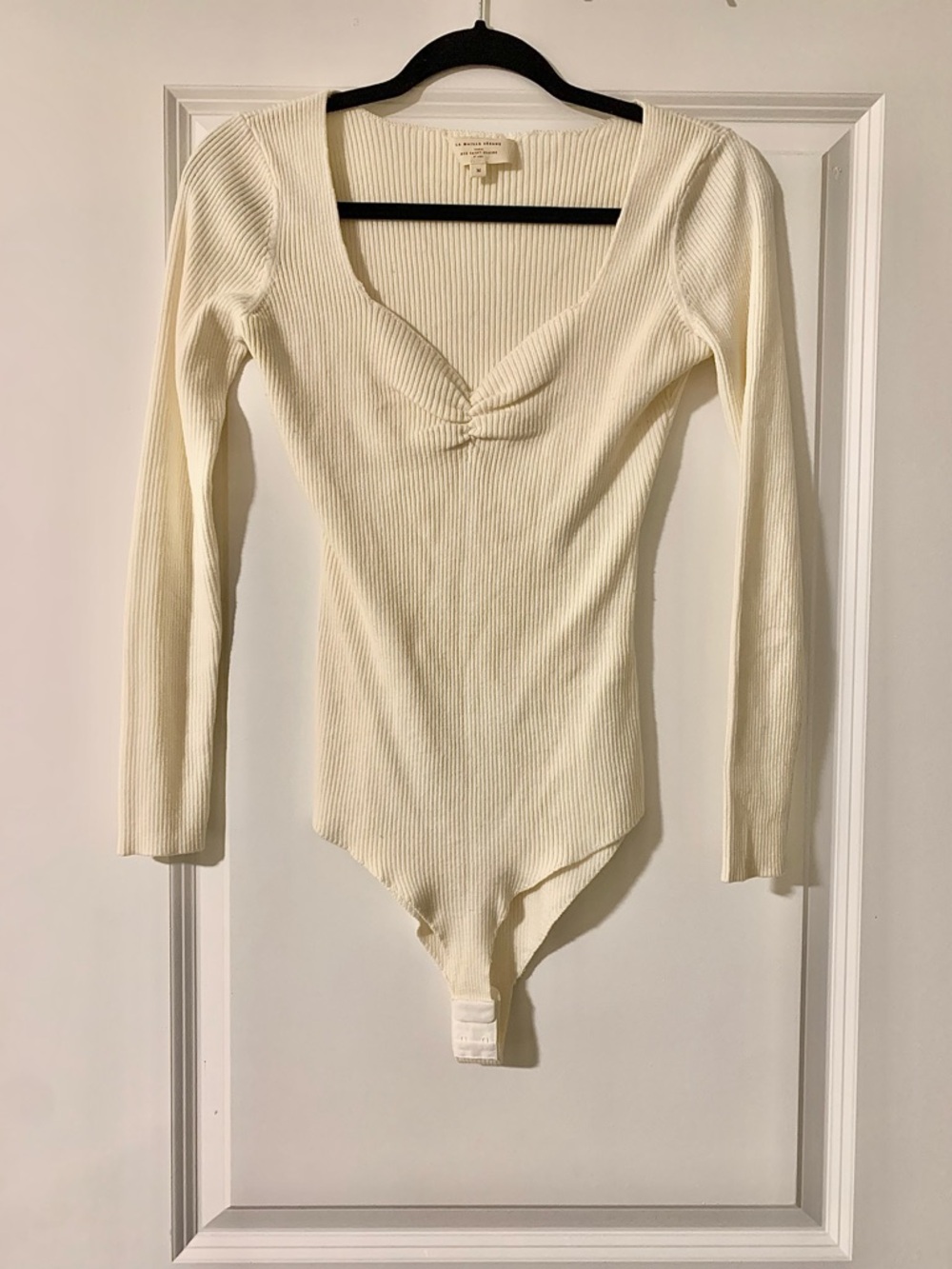 Sezane Ivory Ribbed Long-Sleeve Bodysuit